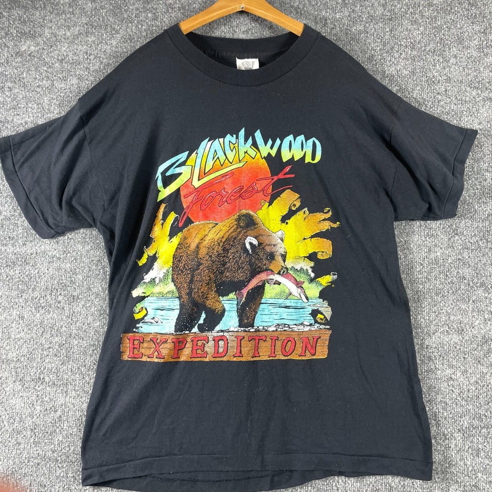 VTG SSI T Shirt Mens Large Black Blackwood Forest Single Stitch 80s Bear Nature